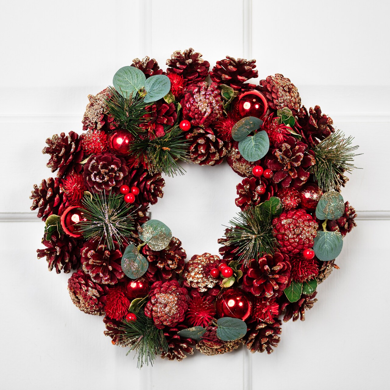Northlight Pinecone, Berry and Ball Ornament Glittered Artificial Christmas Wreath - 13" - Unlit